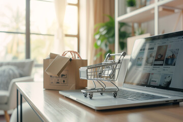 a laptop computer is open to a website with a shopping cart with shopping bag