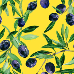 Poster - A painting featuring olives arranged on a bright yellow background, creating a vibrant and colorful composition
