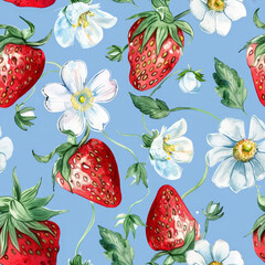 Poster - Pattern of vibrant strawberries and colorful flowers against a blue backdrop