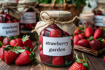 Aufkleber - A glass jar filled with vibrant red strawberries is placed on top of a wooden table