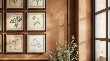 Sunlit Gallery Wall with Framed Botanical Illustrations and Olive Tree.