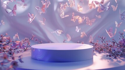 Wall Mural - Enchanting Purple Butterflies and Product Display Podium with Floral Elements.