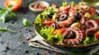 Bowl of octopus salad with tomatoes and olives
