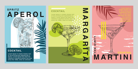 party poster design. drinks, cocktails. set of vector illustrations. typography. vintage pencil sket