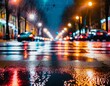 The glistening asphalt of a city boulevard under a gentle rain, with the colorful bokeh of car headlights and street lamps reflecting on the wet surface, creating a kaleidoscope of light.