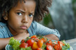African American child expresses disgust for salad, refusing to eat