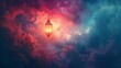A lantern shines a guiding light through ethereal clouds towards heaven in a mysterious and minimalistic Pink Yarrow abstract background, embodying a prophecy.