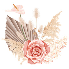 Wall Mural - Tropical boho, bohemian bouquet with pink rose, reed, hydrangea, anthurium, palm leaves and dry plants.