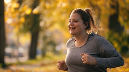 Wall Mural - Smiling young overweight woman jogging in autumn park. Sport and healthy lifestyle concept. 