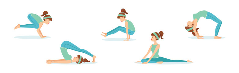 Canvas Print - Slim Sportive Young Woman Doing Yoga and Fitness Exercises Vector Set