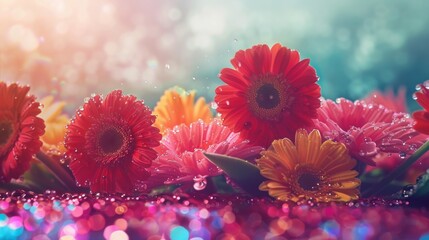 Canvas Print - Vibrant Gerbera Daisies with Water Droplets in Magical Light.