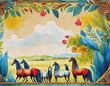 Border of Wild Horses, Foliage, Sky and Field in Fall Colors Illustration AI 