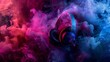 Pair of black headphones surrounded by a bright swirl of multicolored smoke, creating an ethereal and dynamic visual representation of the intertwining of music and art