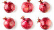 Set of fresh pomegranates isolated on a white background, top view, showcasing the majestic beauty and deep, ruby red hues of the fruit, arranged to highlight their round, robust form and the richness