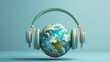 Minimalist, 3D representation of headphones encircling the Earth, symbolizing World Music Day's global unity through music