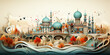 Illustration of Islamic city with a blue domes on the traditional Muslim buildings.