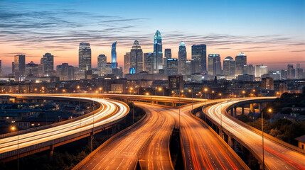 Canvas Print - High traffic at night showing light trails in the highway created with Generative AI technology