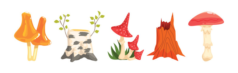 Poster - Forest Element and Outdoor Environment Object with Tree Stump and Mushroom Vector Set