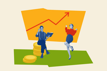 Poster - 3d retro abstract creative artwork template collage of two funny businesswomen have fun trading financier fantasy billboard comics zine