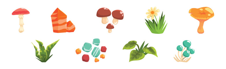 Sticker - Forest Element and Outdoor Environment Object with Mushroom, Stone and Grass Vector Set