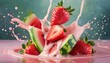 Strawberries and watermelon falling into splashing cream or milk