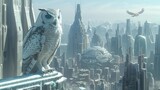 Fototapeta  - Cybernetic Owl Perched Atop Futuristic Skyscraper Surveying Bustling Metropolis Below with Vigilant Gaze