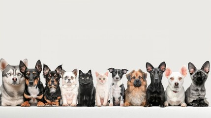 cute dogs and cats over white horizontal website banner or social media header. image of dogs and ca