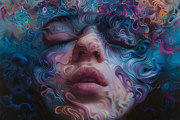 Wall Mural - A woman's face is painted with a lot of blue and purple swirls. The painting is abstract and has a dreamy, ethereal quality to it. The woman's eyes are closed, and her mouth is slightly open