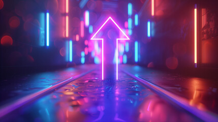 3d render, abstract neon arrow ascending. Technological success concept. Glowing colorful lines and bokeh lights Generative AI