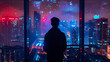 A lone figure is silhouetted against the illuminated backdrop of a bustling cityscape, offering a moment of urban solitude.