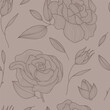 Vector seamless roses pattern, line vintage drawing. Nude colors flowers and leaves feminine print, romantic spring repeat ornament. 