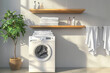 Modern bathroom with washing machine, wooden shelves with towels and plant in a pot