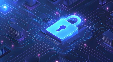Wall Mural - vivid blue digital lock icon overlays an intricate electronic circuit board, symbolizing advanced security and data protection technology