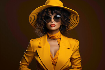 Wall Mural - A fashionable woman wearing trendy clothing, striking a pose with confidence on a yellow background.