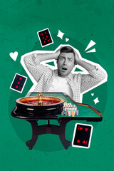 Poster - Trend image 3d collage photo of black white silhouette young addicted shocked man holds head with hands betting jackpot gambling board