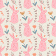 Cute woodland bunny rabbits seamless pattern template trendy cute vector ornate cloth wrapping composition with spring holiday childish cartoon wild animals elements, baby hare