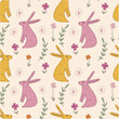 Cute woodland bunny rabbits seamless pattern template trendy cute vector ornate cloth wrapping composition with spring holiday childish cartoon wild animals elements, baby hare