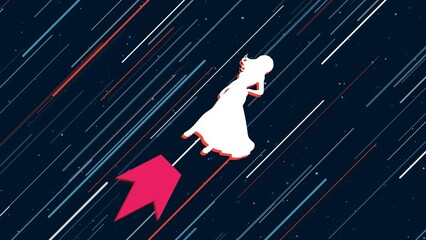 Poster - Lady symbol flies through the universe on a jet propulsion. The symbol in the center is shaking due to high speed. Seamless looped 4k animation on dark blue background with stars