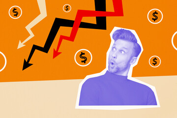 Wall Mural - Creative abstract composite photo collage of astonished funny man staring at falling financial market isolated on colorful background