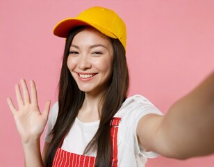 Happy young asian woman taking selfie with mobile phone isolated on pink background