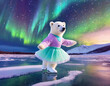 Cute polar bear girl skating on the frozen lake with the Aurora dancing in the night sky