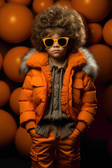 Wall Mural - A creatively styled child against a dark solid orange backdrop, showcasing the latest fashion trends.