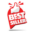 Advertising sticker best seller with red thumb up. Vector on transparent background