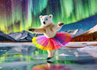 Beautiful polar bear girl skating under fantastic northern lights dancing across the sky