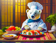 Illustration of a Happy Polar Bear Chef Cooking Sushi Dish in the kitchen