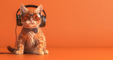 Red Cat With Headphones And Glasses Against Orange Background, Banner, Copy Space