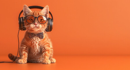 red cat with headphones and glasses against orange background, banner, copy space