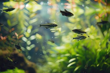 Wall Mural - A group of fish swimming in a tank with green plants. The fish are small and black