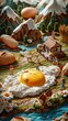 Miniature figures,  poster with the theme of food adventure. The background features egg yolk, bacon and milk elements