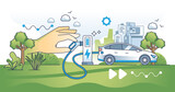 Fototapeta Panele - Sustainable transportation and electric vehicles usage outline hands concept, transparent background. EV as environmental and nature friendly alternative with zero CO2 emissions illustration.